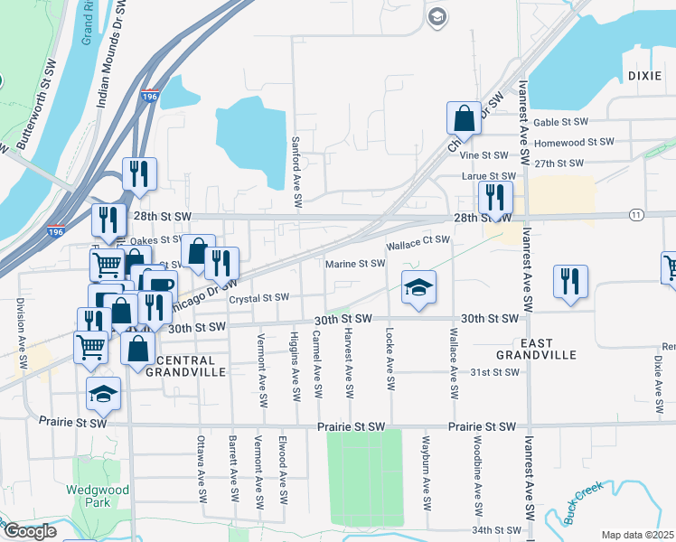 map of restaurants, bars, coffee shops, grocery stores, and more near 3594 Chicago Drive Southwest in Grandville