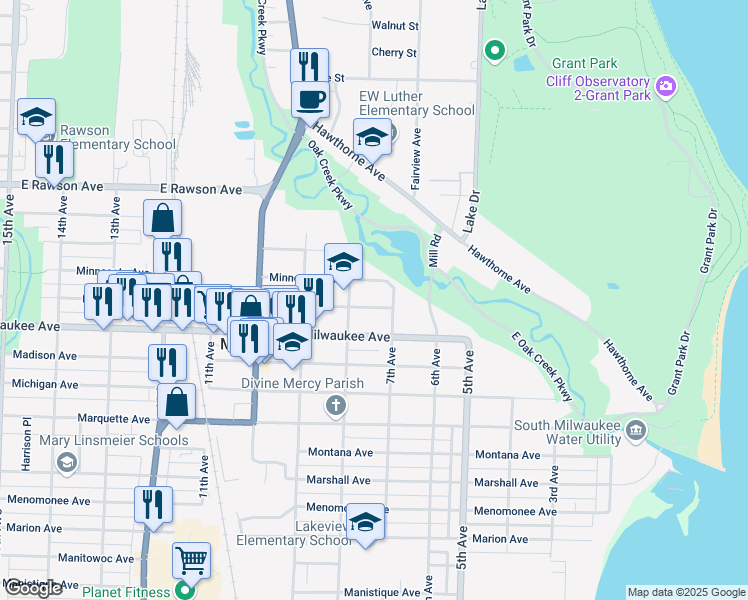 map of restaurants, bars, coffee shops, grocery stores, and more near 703 Minnesota Avenue in South Milwaukee