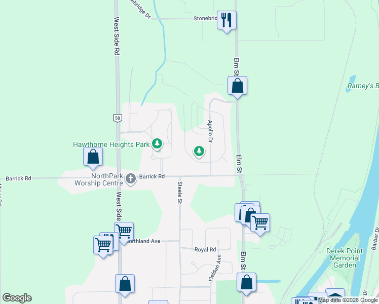 map of restaurants, bars, coffee shops, grocery stores, and more near 31 Hillcrest Road in Port Colborne