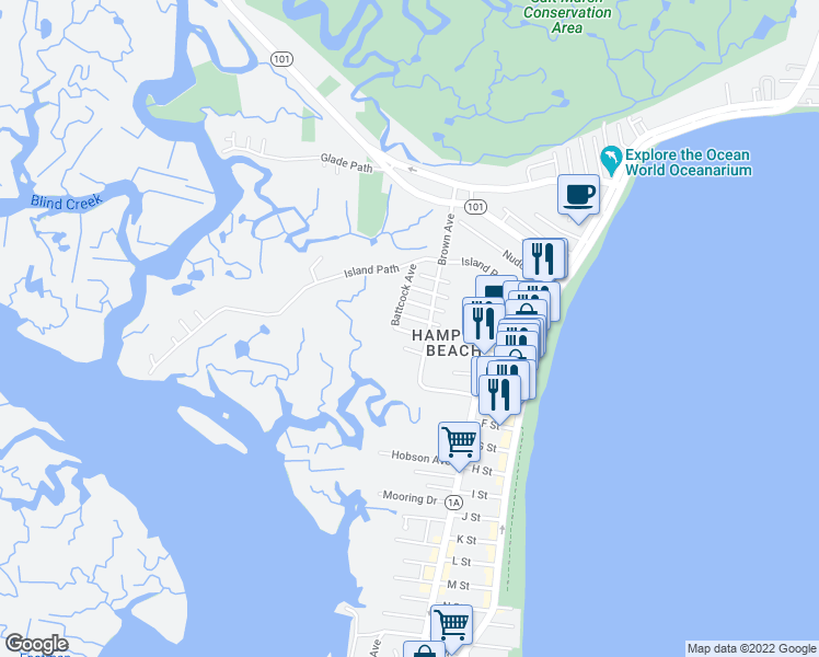 map of restaurants, bars, coffee shops, grocery stores, and more near 23 Diane Lane in Hampton