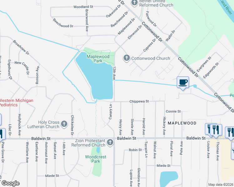 map of restaurants, bars, coffee shops, grocery stores, and more near 7868 12th Avenue in Georgetown Township