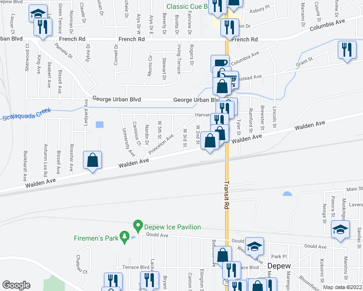 map of restaurants, bars, coffee shops, grocery stores, and more near 10 West 3rd Street in Depew