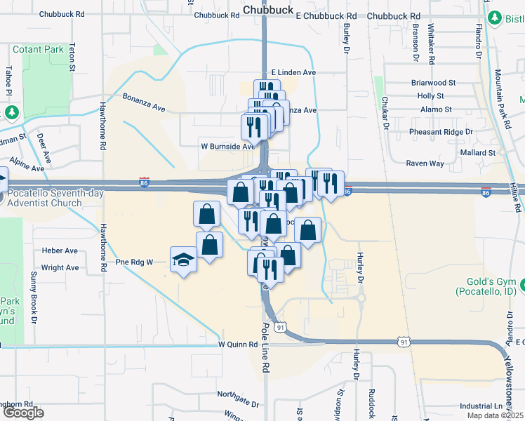 map of restaurants, bars, coffee shops, grocery stores, and more near 4340 Yellowstone Avenue in Chubbuck