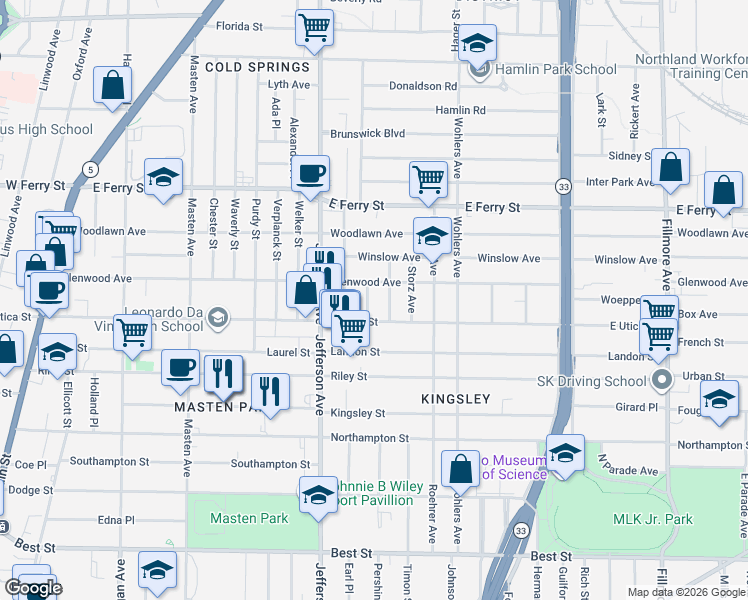 map of restaurants, bars, coffee shops, grocery stores, and more near 28 Hauf Street in Buffalo
