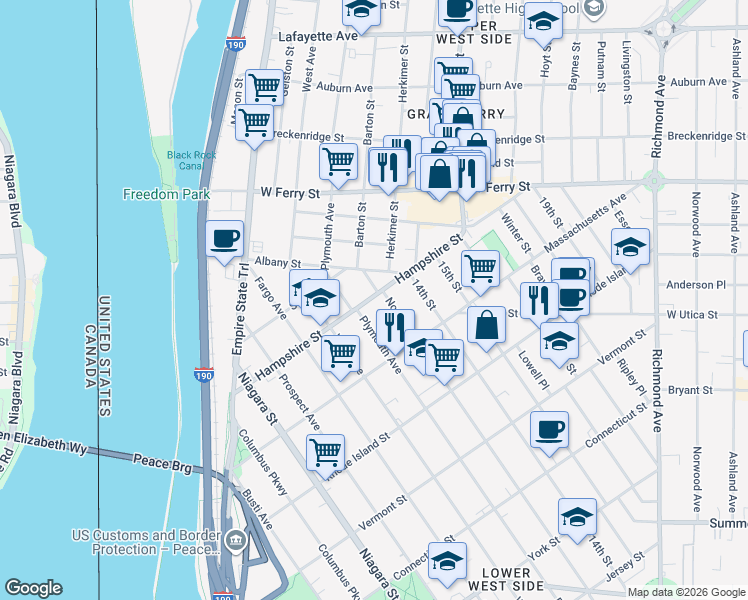 map of restaurants, bars, coffee shops, grocery stores, and more near in Buffalo