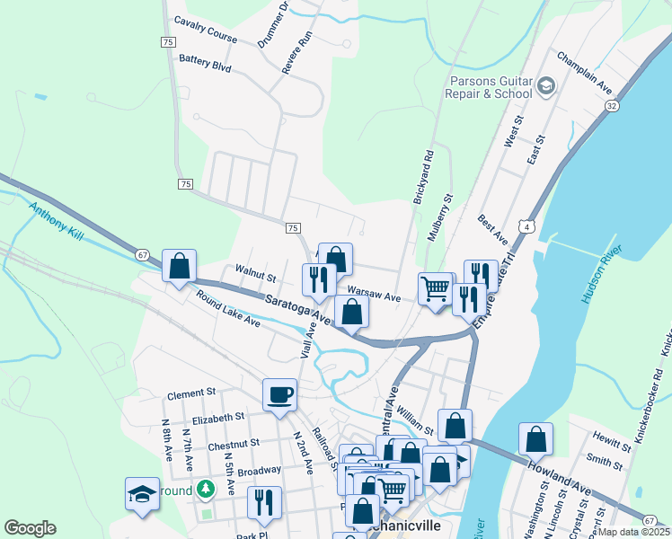 map of restaurants, bars, coffee shops, grocery stores, and more near 140 Mechanic Street in Mechanicville