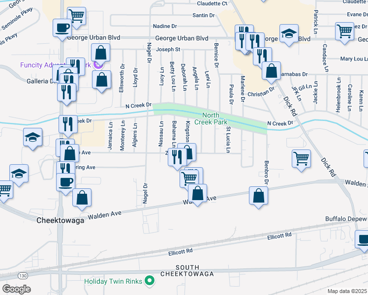 map of restaurants, bars, coffee shops, grocery stores, and more near 11 Bahama Lane in Buffalo