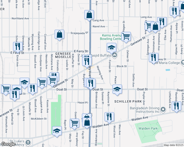 map of restaurants, bars, coffee shops, grocery stores, and more near in Buffalo