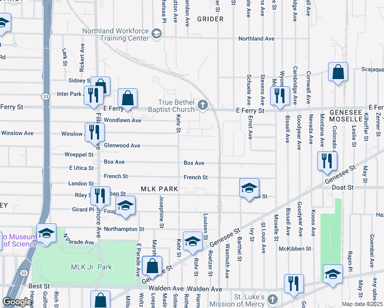 map of restaurants, bars, coffee shops, grocery stores, and more near 919 Glenwood Avenue in Buffalo