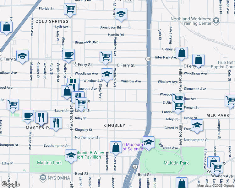 map of restaurants, bars, coffee shops, grocery stores, and more near 481 Glenwood Avenue in Buffalo