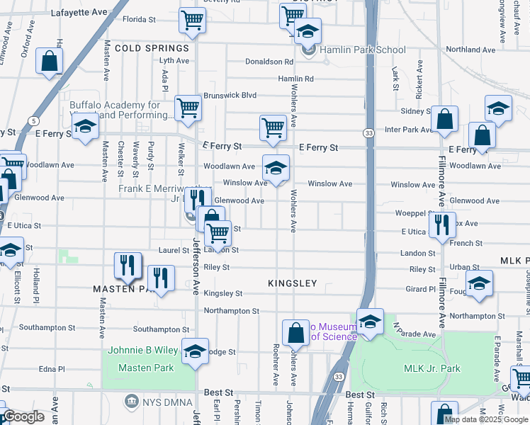 map of restaurants, bars, coffee shops, grocery stores, and more near 26 Storz Avenue in Buffalo