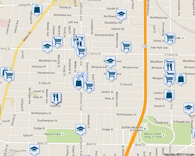 map of restaurants, bars, coffee shops, grocery stores, and more near 28 Hauf Street in Buffalo