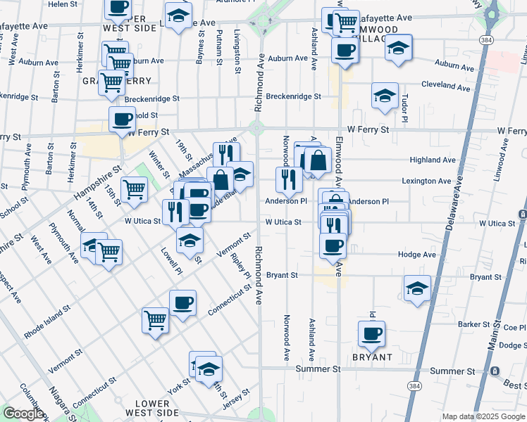 map of restaurants, bars, coffee shops, grocery stores, and more near 356 Richmond Avenue in Buffalo
