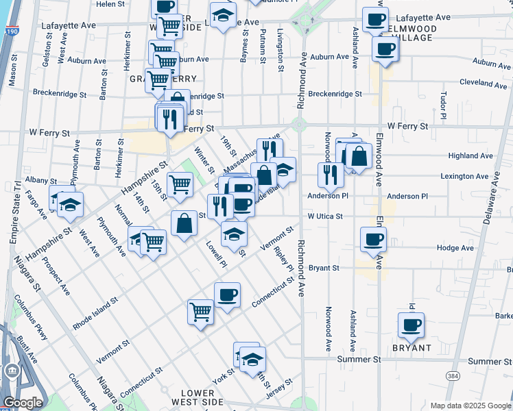 map of restaurants, bars, coffee shops, grocery stores, and more near 444 Rhode Island Street in Buffalo