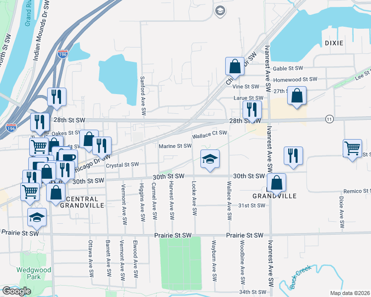 map of restaurants, bars, coffee shops, grocery stores, and more near 3530 Marine Street Southwest in Grandville