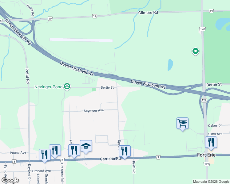 map of restaurants, bars, coffee shops, grocery stores, and more near 1304 Spears Road in Fort Erie