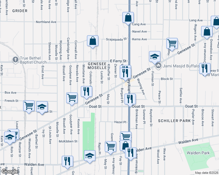map of restaurants, bars, coffee shops, grocery stores, and more near 1746 Genesee Street in Buffalo