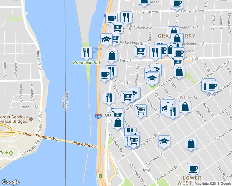 map of restaurants, bars, coffee shops, grocery stores, and more near 610 Fargo Avenue in Buffalo