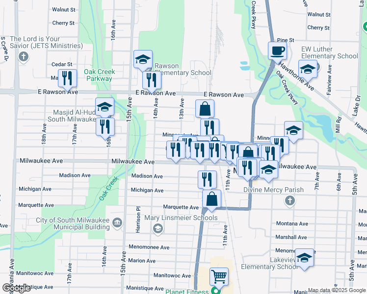 map of restaurants, bars, coffee shops, grocery stores, and more near 1917 13th Avenue in South Milwaukee