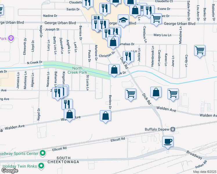 map of restaurants, bars, coffee shops, grocery stores, and more near 92 Benbro Drive in Cheektowaga