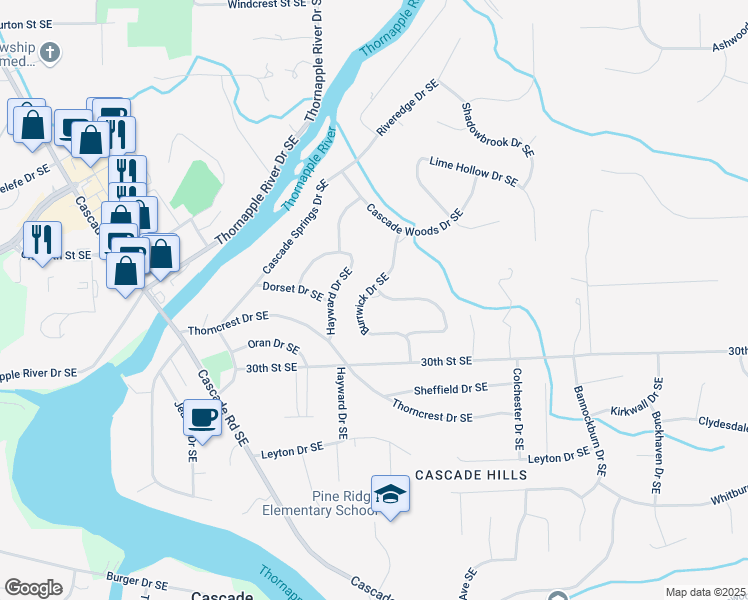 map of restaurants, bars, coffee shops, grocery stores, and more near 2874 Burrwick Drive Southeast in Grand Rapids