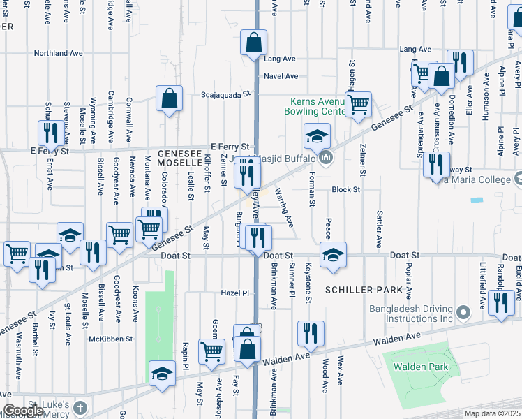 map of restaurants, bars, coffee shops, grocery stores, and more near 2105 Bailey Avenue in Buffalo