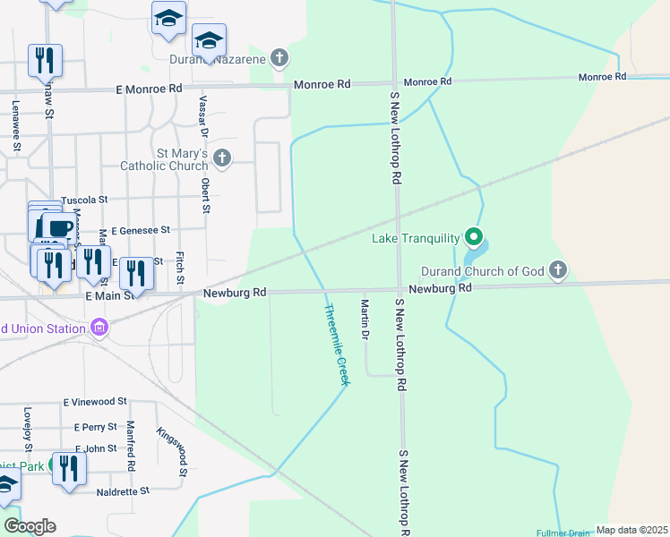 map of restaurants, bars, coffee shops, grocery stores, and more near 9955 Newburg Road in Durand