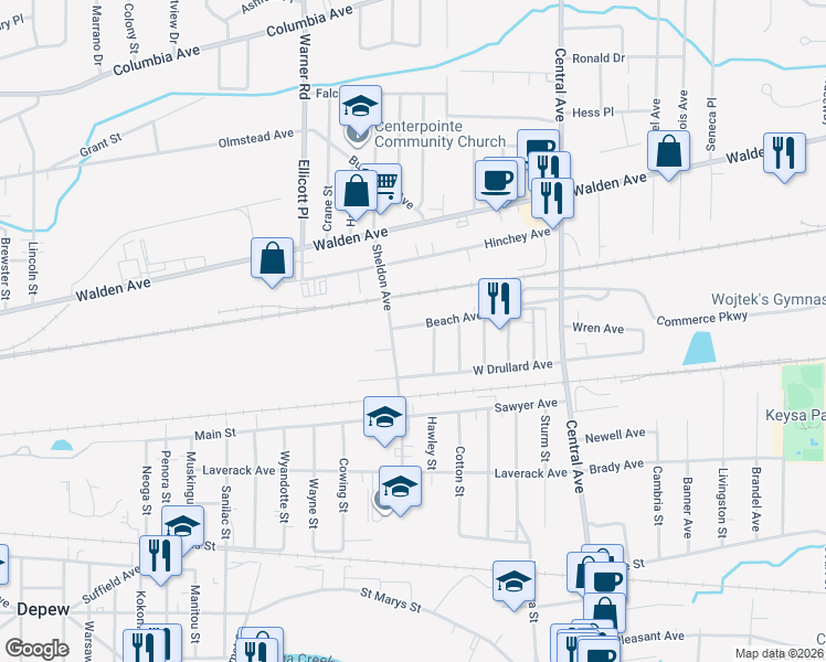 map of restaurants, bars, coffee shops, grocery stores, and more near 66 Sheldon Avenue in Depew