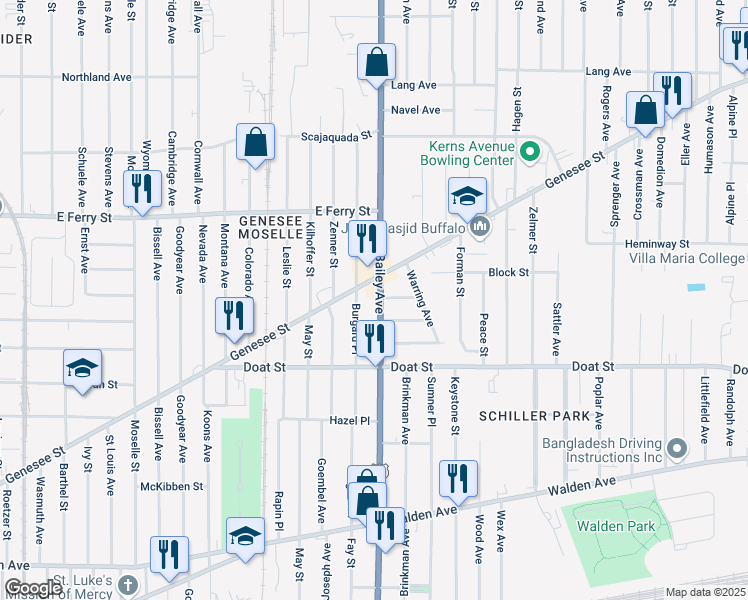 map of restaurants, bars, coffee shops, grocery stores, and more near 2108 Bailey Avenue in Buffalo