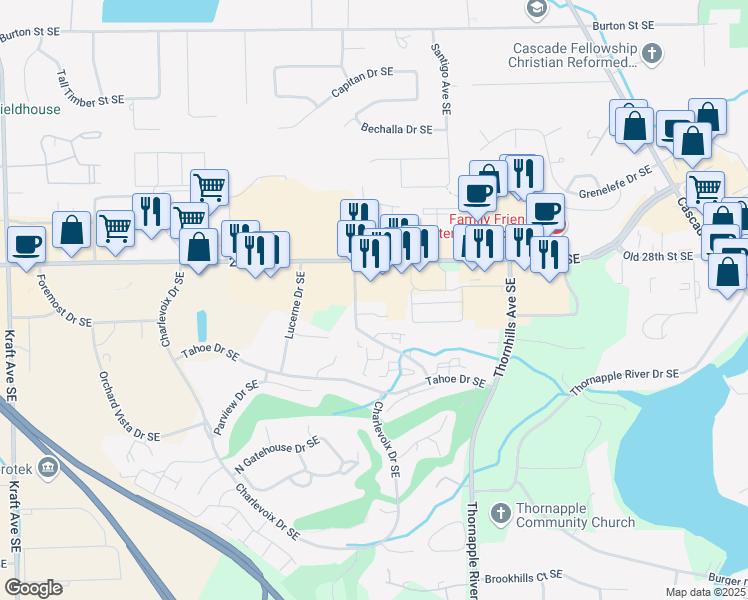 map of restaurants, bars, coffee shops, grocery stores, and more near 6231 Lincolnshire Court Southeast in Grand Rapids