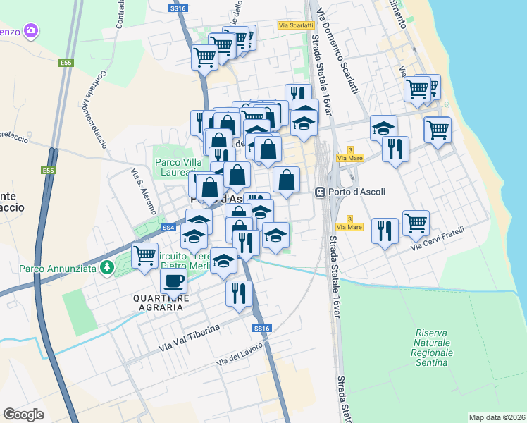 map of restaurants, bars, coffee shops, grocery stores, and more near 32 Via Metauro in San Benedetto del Tronto