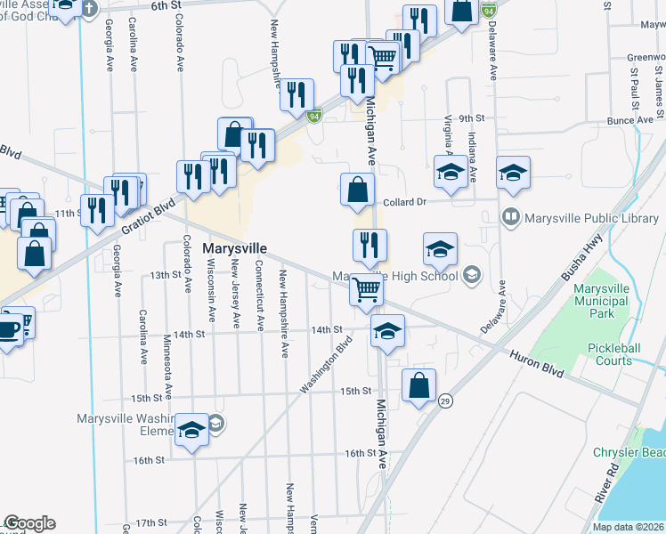 map of restaurants, bars, coffee shops, grocery stores, and more near 107 Huron Boulevard in Marysville