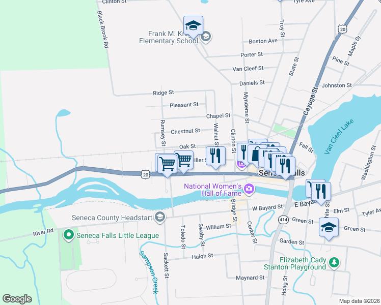 map of restaurants, bars, coffee shops, grocery stores, and more near 36 Miller Street in Seneca Falls