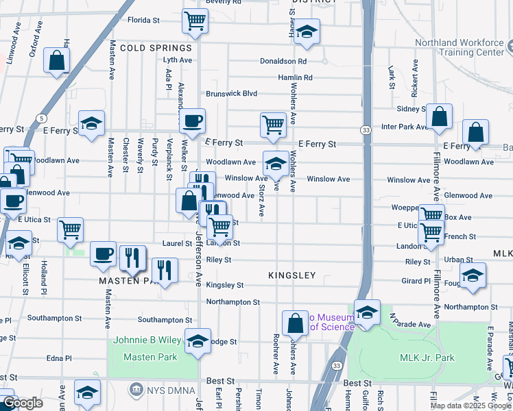map of restaurants, bars, coffee shops, grocery stores, and more near 26 Storz Avenue in Buffalo