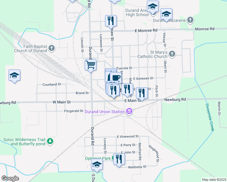 map of restaurants, bars, coffee shops, grocery stores, and more near in Durand