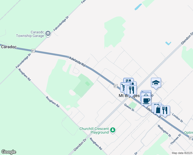 map of restaurants, bars, coffee shops, grocery stores, and more near 634 Queen Street in Mount Brydges