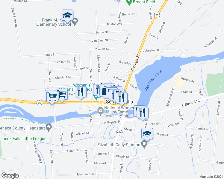 map of restaurants, bars, coffee shops, grocery stores, and more near 23 Cayuga Street in Seneca Falls