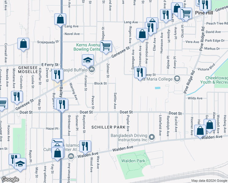 map of restaurants, bars, coffee shops, grocery stores, and more near 75 Zelmer Street in Buffalo