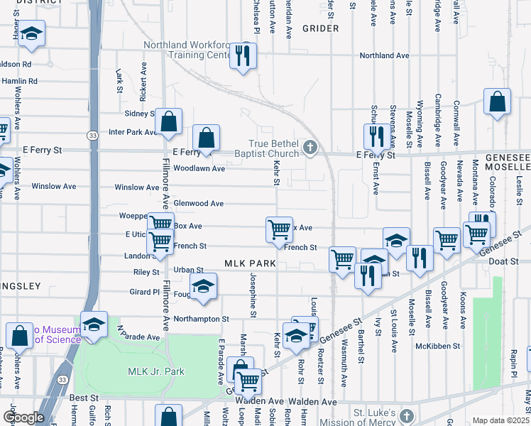 map of restaurants, bars, coffee shops, grocery stores, and more near 244 Kehr Street in Buffalo