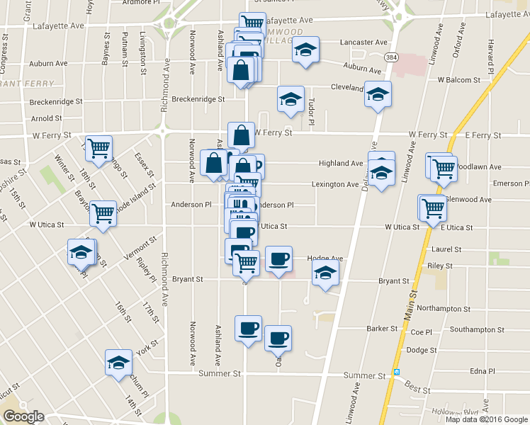 map of restaurants, bars, coffee shops, grocery stores, and more near 159 Anderson Place in Buffalo