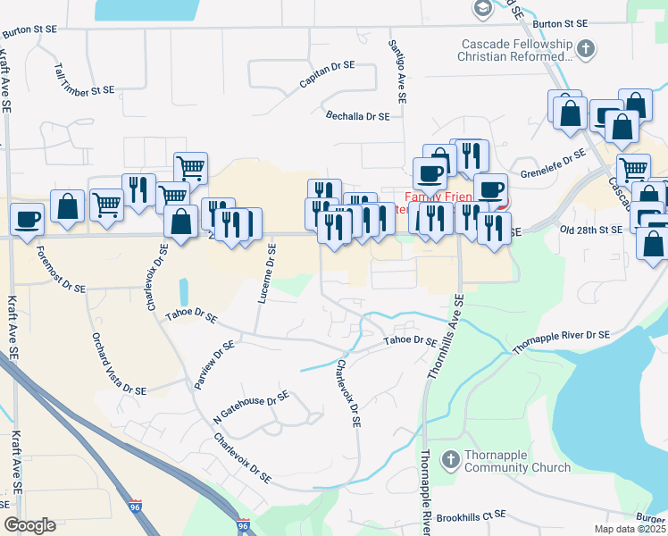 map of restaurants, bars, coffee shops, grocery stores, and more near 6235 Lincolnshire Court Southeast in Grand Rapids