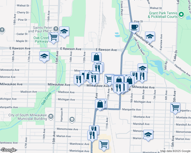map of restaurants, bars, coffee shops, grocery stores, and more near in South Milwaukee