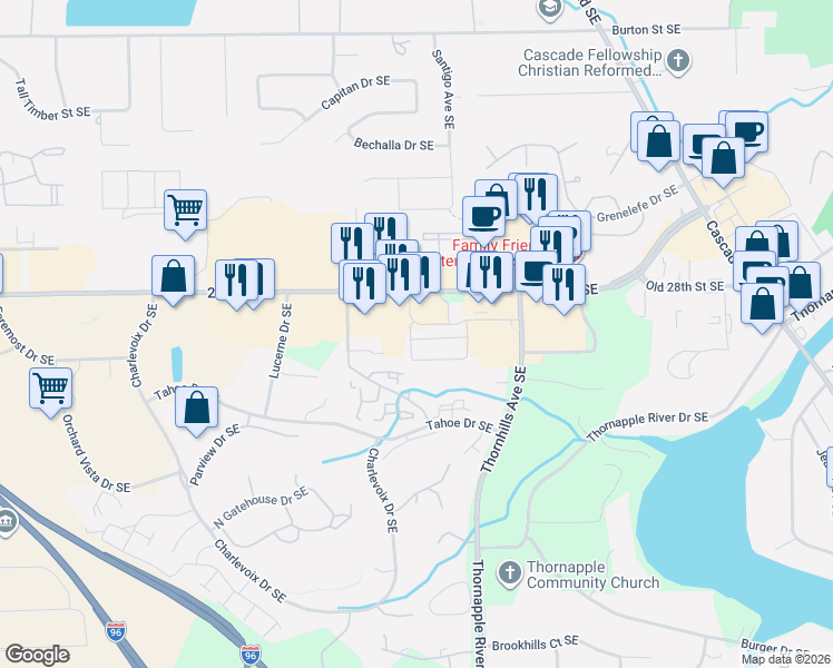 map of restaurants, bars, coffee shops, grocery stores, and more near 6303 Bainbrook Way Southeast in Grand Rapids