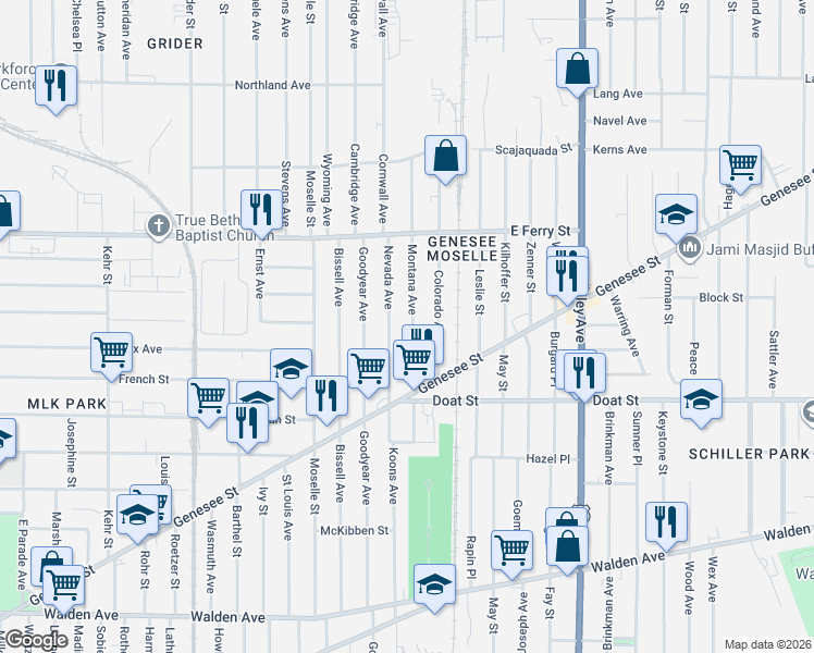 map of restaurants, bars, coffee shops, grocery stores, and more near 70 Montana Avenue in Buffalo