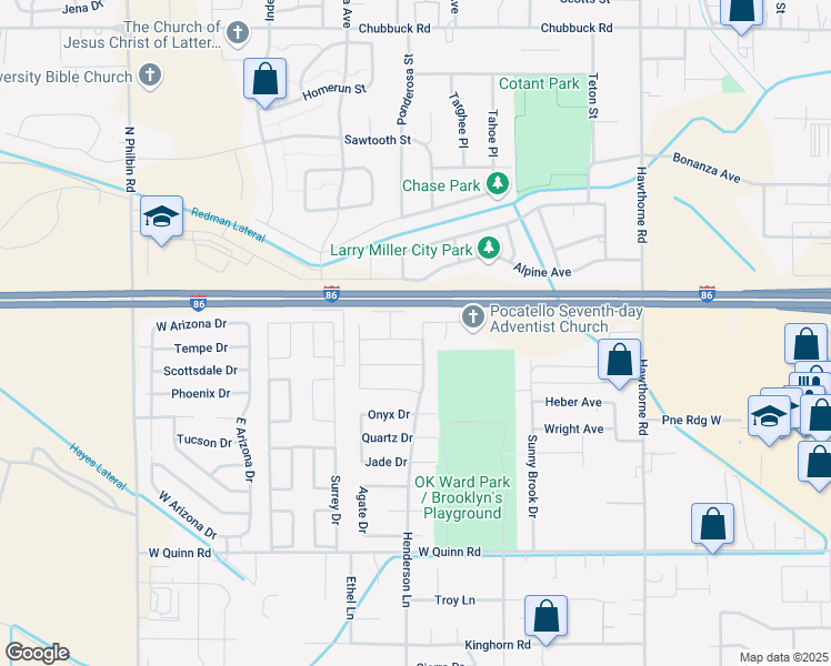 map of restaurants, bars, coffee shops, grocery stores, and more near 4335 Henderson Lane in Pocatello