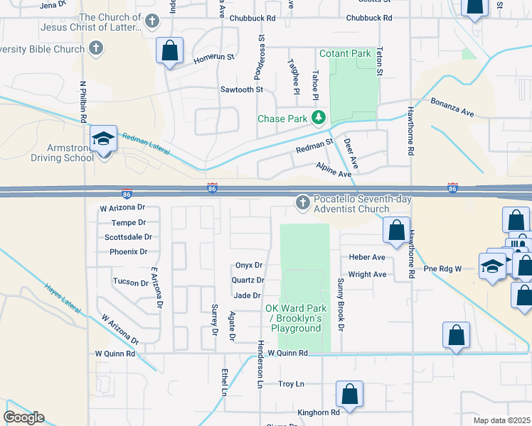 map of restaurants, bars, coffee shops, grocery stores, and more near 4335 Henderson Lane in Pocatello