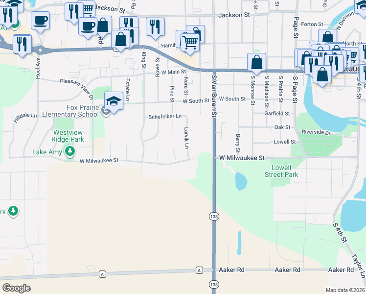 map of restaurants, bars, coffee shops, grocery stores, and more near 808 Larvik Ln in Stoughton