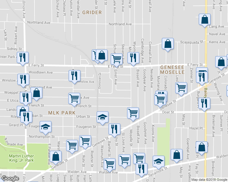 map of restaurants, bars, coffee shops, grocery stores, and more near 2 Ernst Avenue in Buffalo