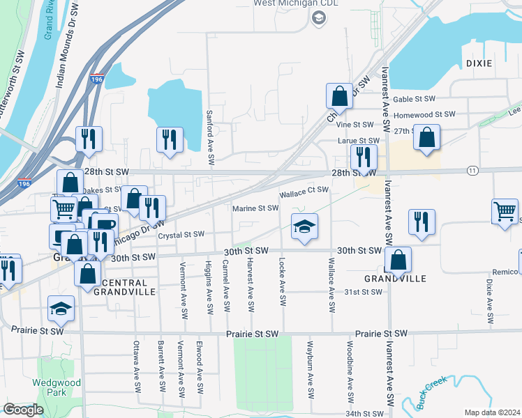 map of restaurants, bars, coffee shops, grocery stores, and more near 3530 Marine Street Southwest in Grandville