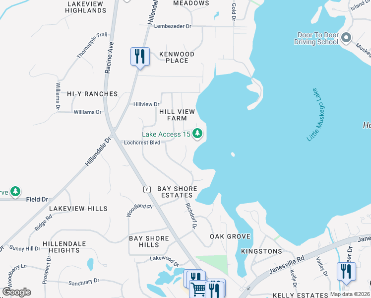 map of restaurants, bars, coffee shops, grocery stores, and more near 7325 Shore Lane in Muskego